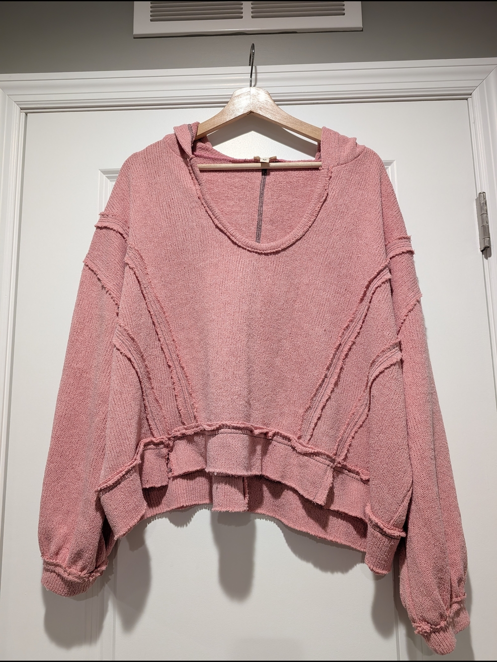 POL Balloon Sleeve Hooded Knit Top Medium Dusty Pink Raw Hem Oversized Cotton